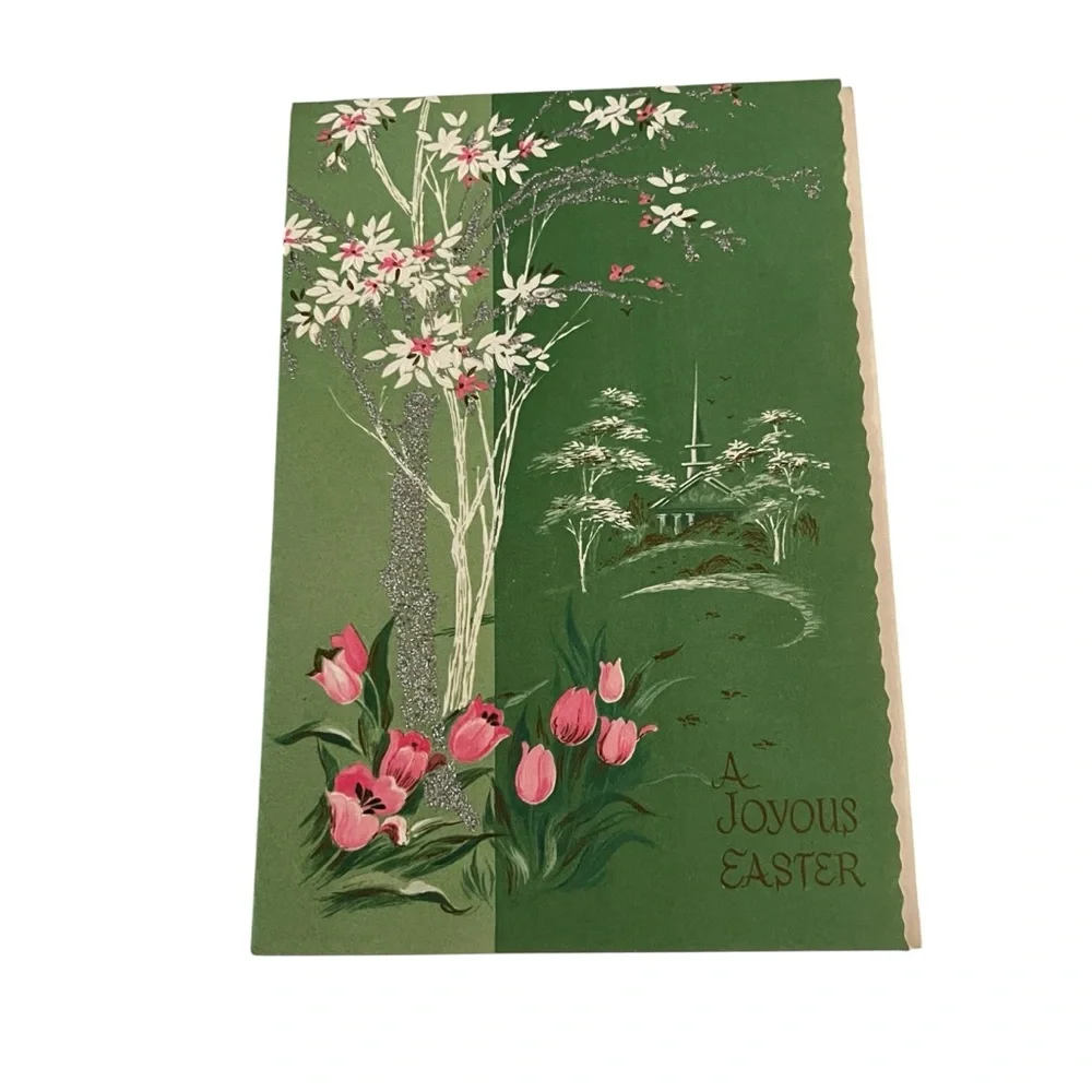 Unused Vintage Joyous Easter Greeting Card Floral Church Quaint Shop Original